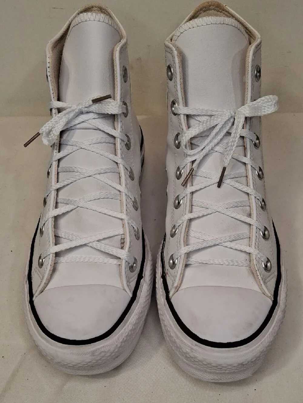 Converse Women's Leather White High Top Platform Sneakers with Black Stripe